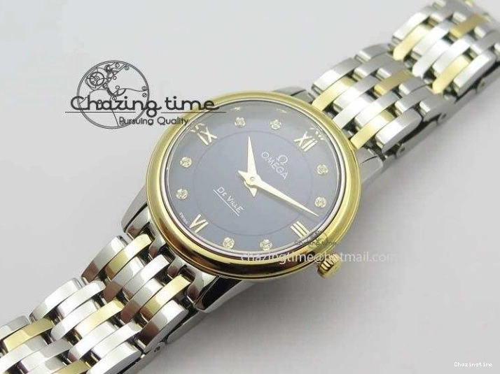 0124 HighQuality De Ville 27mm SS YG Ladies MK 1:1 Best Edition Blue Dial Diamond Markers On SS Bracelet Ronda Quartz 8186